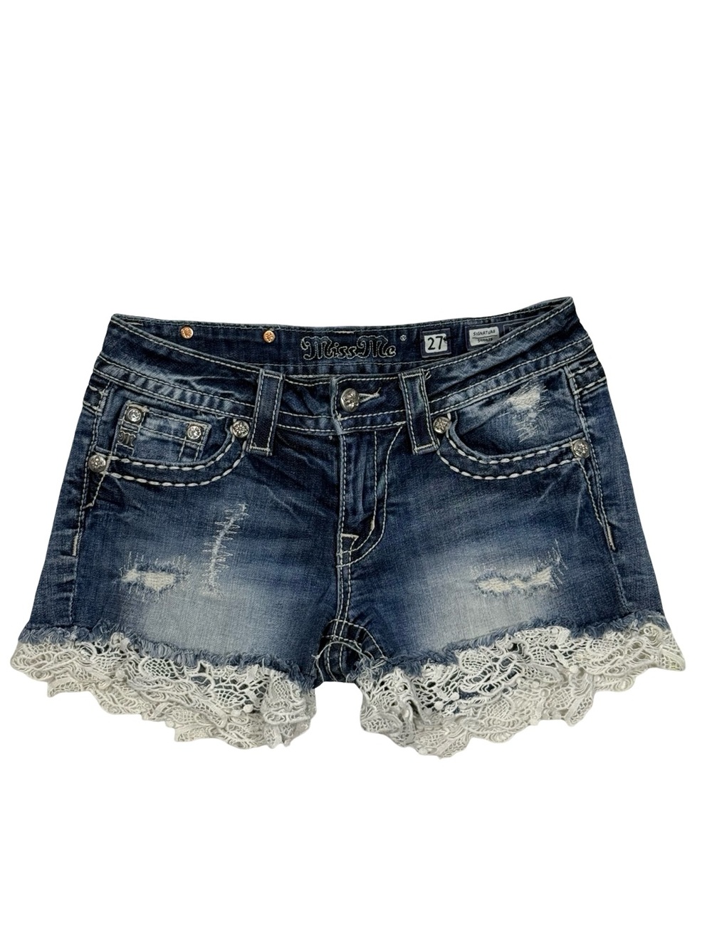 Miss Me Size 27 Y2K Denim Shorts Lace Trim Distressed Low Rise Western Cowgirl